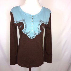 Back In The Saddle Embroidered Vintage Henley Western Style Knit Top Stretch